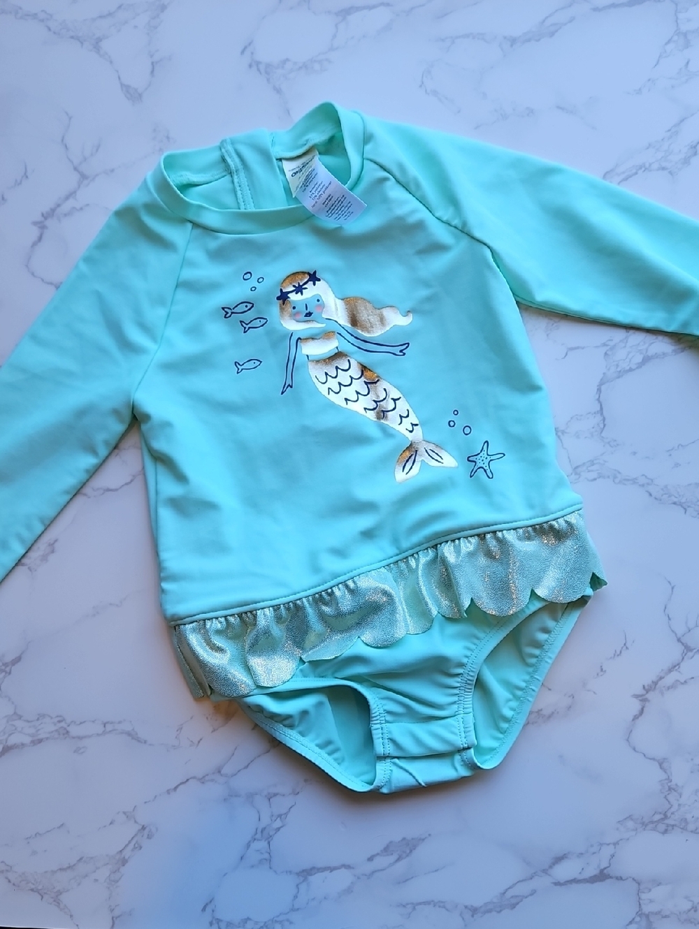OshKosh B'gosh Aqua Mermaid Long-Sleeve Rashguard One-Piece Swimsuit 24 M NWOT